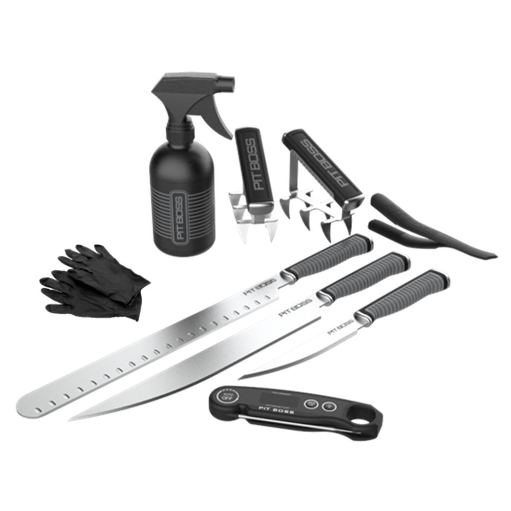 PIT BOSS - NEW! PB BBQ Pit Master Kit (inclus: Griffe à viande x2, Pince à membrane de RIB, Thermomètre à viande sans fils , 10 gants en nitrile, bouteille à spray,  couteau à Brisket, et son étui, couteau à découper x2 et étuis 